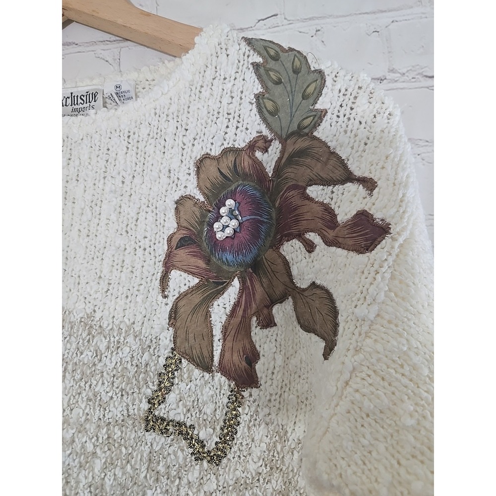 Vintage 80s Exclusive Imports Sz M Beaded Applique Sweater Cottagecore Grandma - Picture 2 of 11